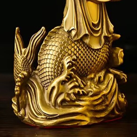GUAN-YIN Riding a Dragon Fish BUDDHA STATUE Copper 9in Golden Metal Boddhisattva - Picture 8 of 10
